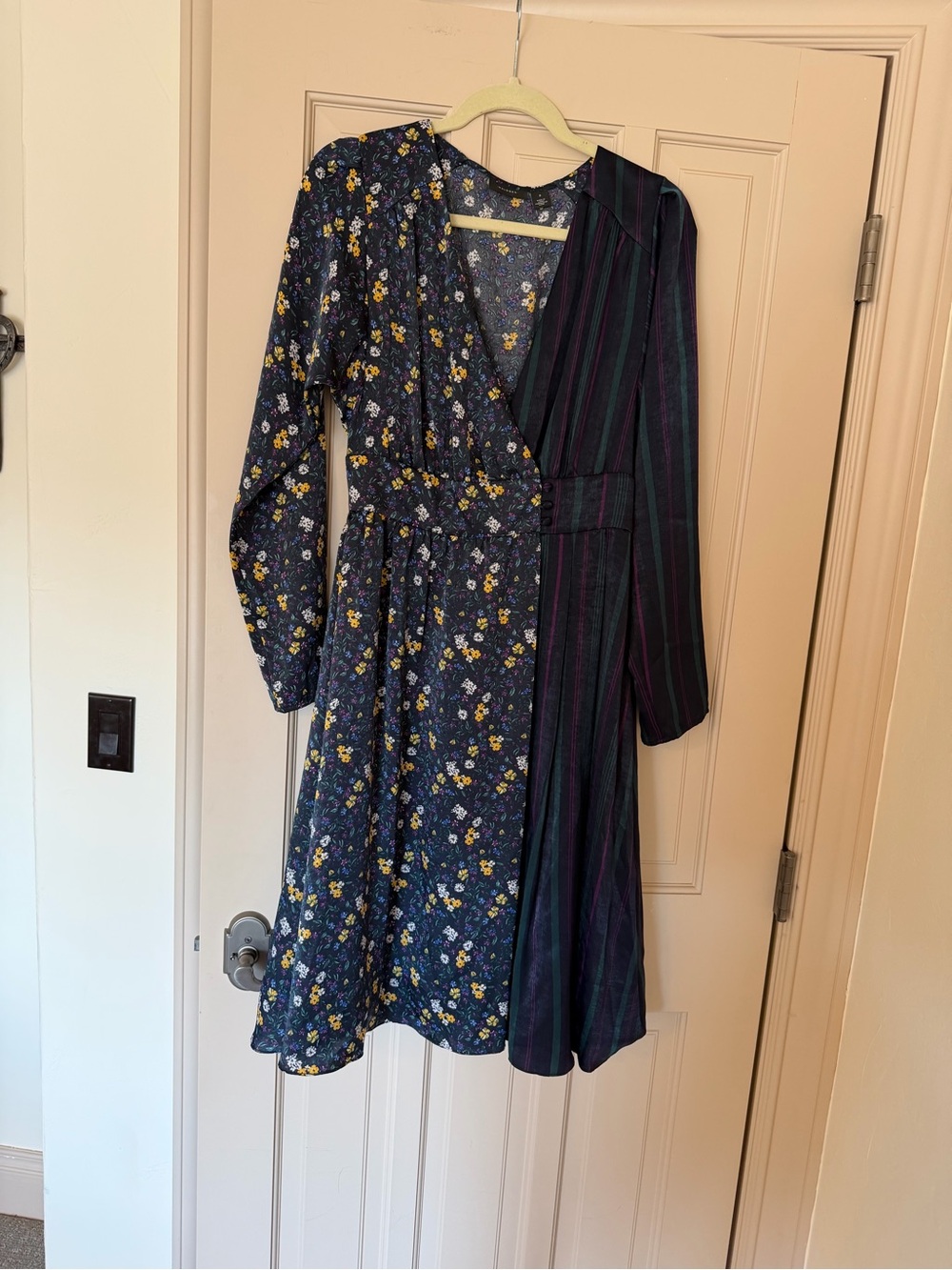 Halogen Navy Mixed-Print Floral & Stripe Long Sleeve Wrap Dress